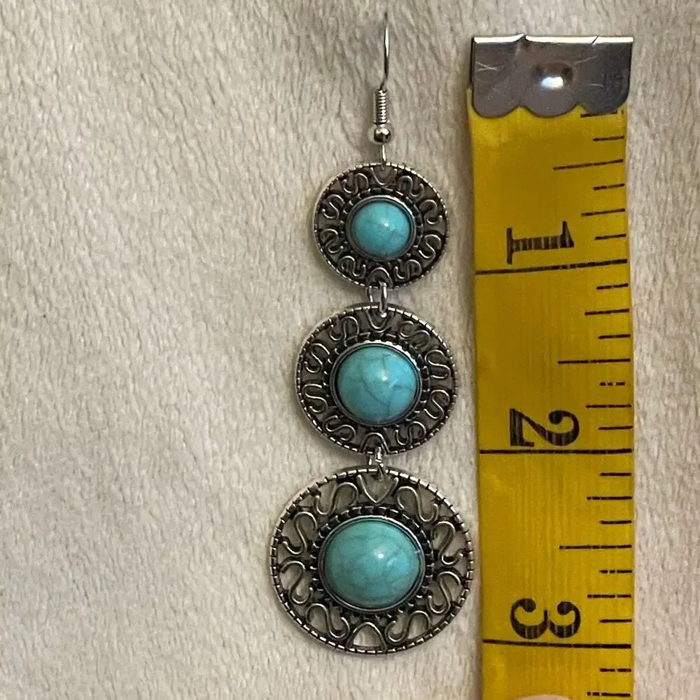 NEW Silver Plated Turquoise Earrings Triple Circles Geometric Western Boho